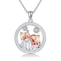 wholesale 925 Sterling Silver Round Fox Couple Charm Pendant Necklace with Snowflake Design Gifts for Women-Christmas Fox