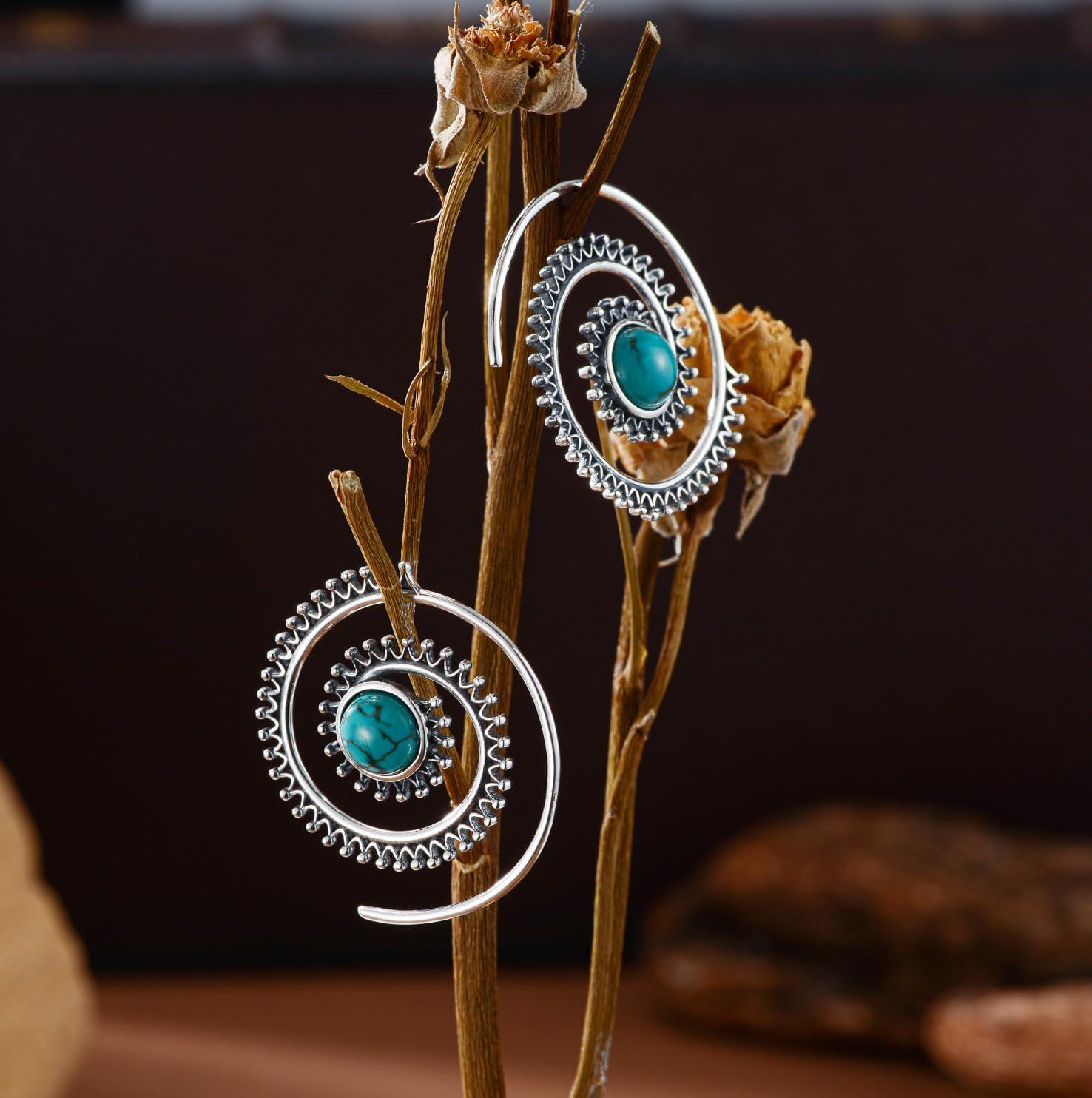 925 Sterling Silver Round Genuine Turquoise Vintage Native American Hoop Earrings-0-2