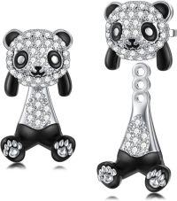 wholesale Sterling Silver Animal Stud Earrings Cute Axolotl Cow Pig Koala Frog Bulldog Panda Highland Cow Bee Cat for Women Christmas Birthday-01-Adjustable Panda-B