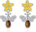 wholesale 925 Sterling Silver Tiger Eye Stone Flower & Honeybee Studs for Women-0-0