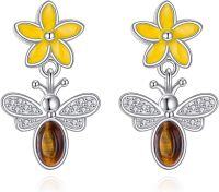 wholesale 925 Sterling Silver Tiger Eye Stone Flower & Honeybee Studs for Women-Black Bee