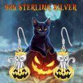 wholesale 925 Sterling Silver Hypoallergenic Cute Black and Gold Cat on Jack-o'-lantern Drop Earrings for Women & Girls-0-5