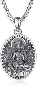 wholesale 925 Sterling Silver Oval Zodiacl Bodhisattva Pendant Necklace  Buddha Talisman Protection Jewelry for Men with 24+2 mm 3D Chain-0-0