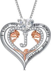 wholesale Sterling Silver Rose Pendant Necklace A Z Initial Letter Heart Jewelry for Women Valentine Mother s Day Birthday Gifts for Her-Letter J