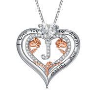 wholesale 925 Sterling Silver Rose Pendant Necklace A Z Initial Letter Heart Jewelry for Women Valentine Mother s Day Birthday Gifts for Her-Letter J