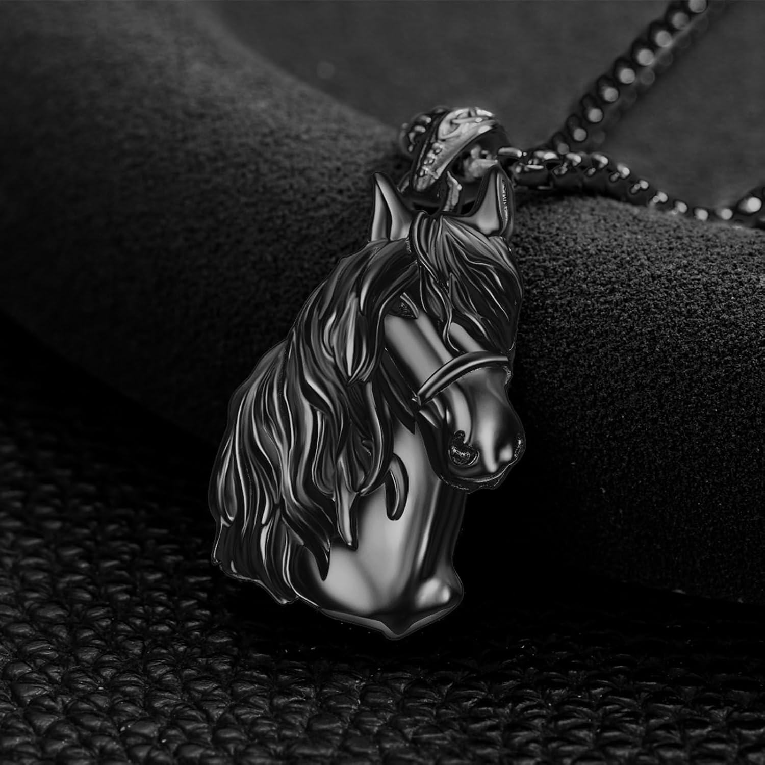 925 Sterling Silver Black Horse Head Pendant Necklace - Equestrian s for Her-0-1