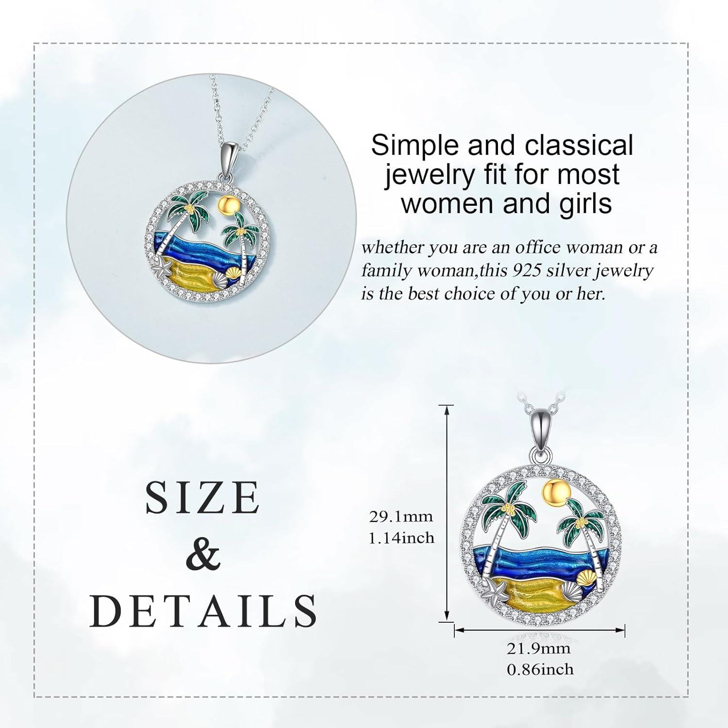 wholesale 925 Sterling Silver Beach Scene Pendant with Coconut Trees and Seashells Necklace for Women-0-5