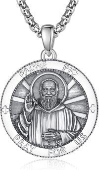 wholesale Sterling Silver Patron Saint Medal Amulet Necklace for Men 2 5mm 22 +2 Chain-A24-Saint Padre Pio