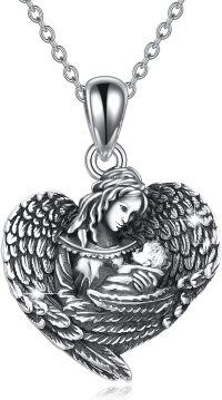 wholesale 925 Sterling Silver Angel Heart Pendant Mother Daughter Necklace for Women Gifts-Angel Wings Mom Necklace