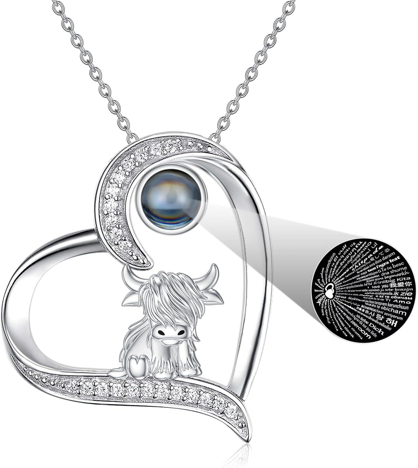 Sterling Silver Highland Cow Birthstone Necklace Jewelry Gifts for Women Girls-3-4-100 Language I Love You-3-4-100 Language I Love You