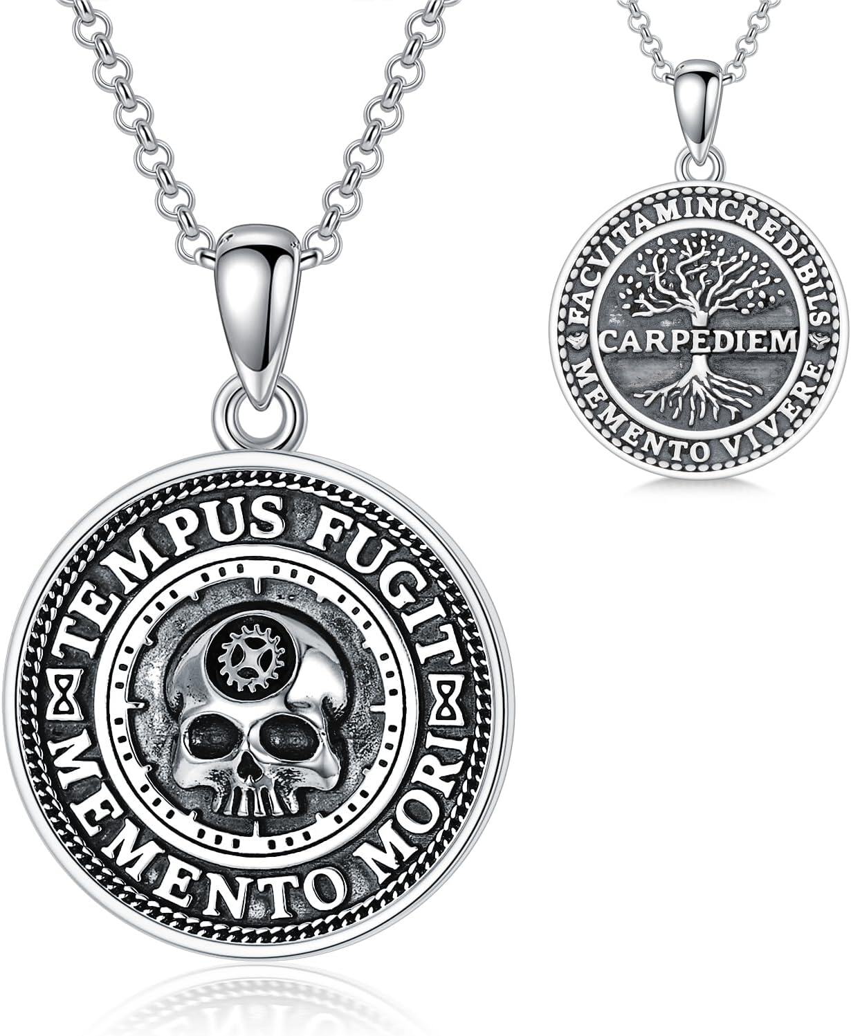 wholesale 925 Sterling Silver Round Pendant with Tree of Life and Skull Charm Necklace for Women Men Gothic s 47mm Diameter-0-0