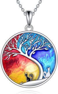 wholesale 925 Sterling Silver Yin Yang Tree of Life Pendant with Cats and Owls Necklace-Cat