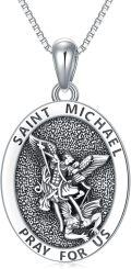 wholesale 925 Sterling Silver Saint Michael Medal Necklace with Dragon Design and Pray for Us Inscription on Oval Shape Pendant (Adjustable Length)-0-0