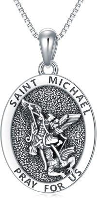 wholesale 925 Sterling Silver Saint Michael Medal Necklace with Dragon Design and Pray for Us Inscription on Oval Shape Pendant (Adjustable Length)-St Michael Necklace