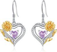 wholesale Sterling Silver Cubic Zirconia Sunflower Heart Dangle Hoop Earrings-06 Jun