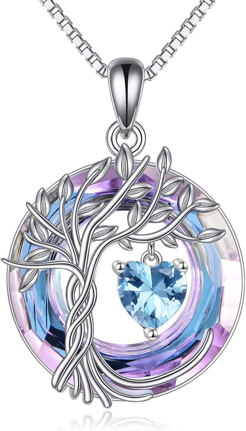 Sterling Silver Crystal Tree of Life Necklace for Women-03-Mar-Aquamarine