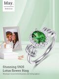 wholesale  S925 Sterling Silver with 1Ct Natural Emerald Lotus Flower Ring Adjustable Size for Women-0-3