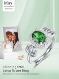 wholesale  S925 Sterling Silver with 1Ct Natural Emerald Lotus Flower Ring Adjustable Size for Women-0-3