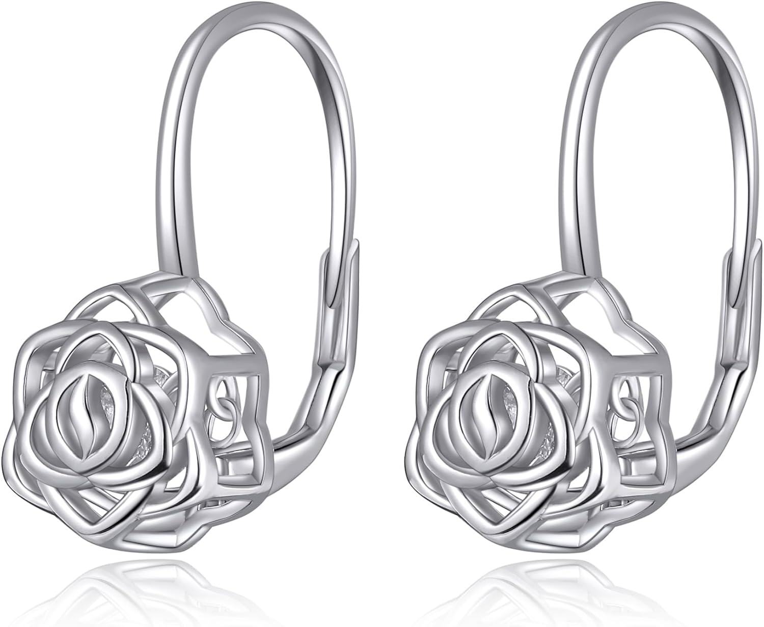 wholesale 925 Sterling Silver Rose Flower Leverback Drop Dangle Hook Studs Earring Gift Set for Women Girls Friendship Birthday Anniversary Christmas Present Ideas 3 Pairs Pack-0-0