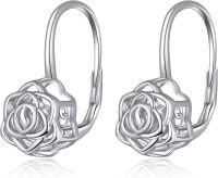 wholesale 925 Sterling Silver Rose Flower Leverback Drop Dangle Hook Studs Earring Gift Set for Women Girls Friendship Birthday Anniversary Christmas Present Ideas 3 Pairs Pack-E