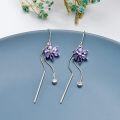 wholesale 925 Sterling Silver Cubic Zirconia Threader Earrings w/ Purple Daisy & Crystal Drop Charm-0-1