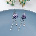 wholesale 925 Sterling Silver Cubic Zirconia Threader Earrings w/ Purple Daisy & Crystal Drop Charm-0-1