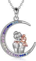 wholesale 925 Sterling Silver Moon Pendant with Colorful Cubic Zirconia - Mother and Child Design Necklaces Gifts for Women Girls-0-0