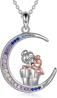 wholesale 925 Sterling Silver Moon Pendant with Colorful Cubic Zirconia - Mother and Child Design Necklaces Gifts for Women Girls-Mom hold child moon necklace