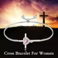 TOUPOP Sterling Silver Pink Tourmaline Cross Bracelet Women's Birthday Gift-0-3