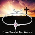 TOUPOP Sterling Silver Pink Tourmaline Cross Bracelet Women's Birthday Gift-0-3
