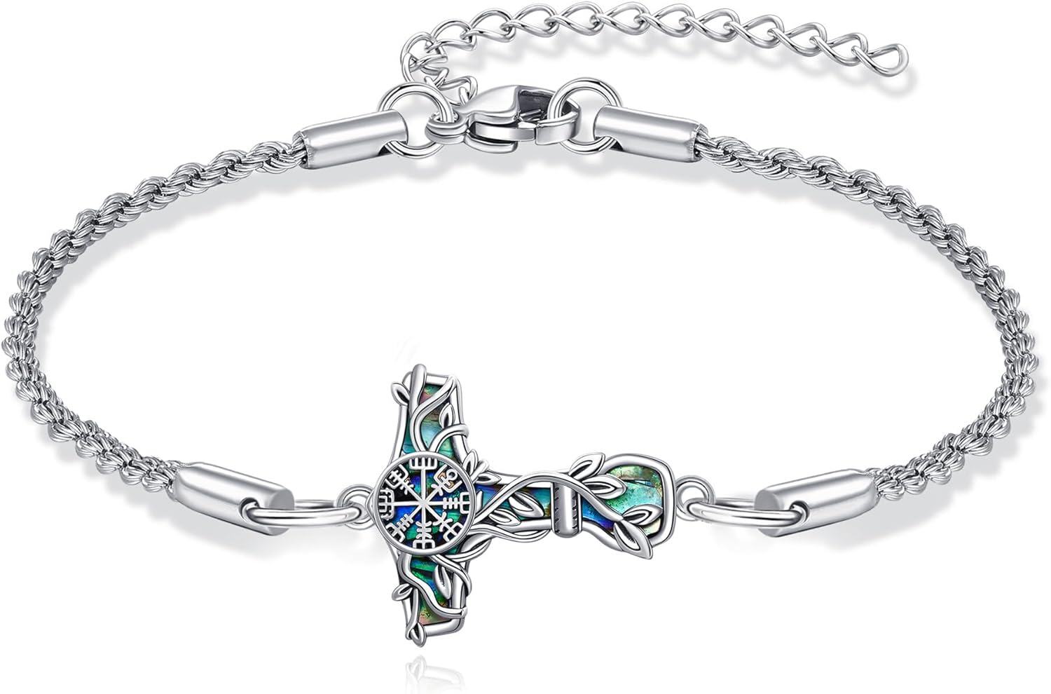  Sterling Silver Viking Compass Thor Hammer Tetragrammaton Satanic Vegvisir Runes Bracelet -Mjolnir-Viking Compass