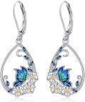 wholesale 925 Sterling Silver Butterfly & Flower Drop Earrings with Blue Enamel Accents-0-0