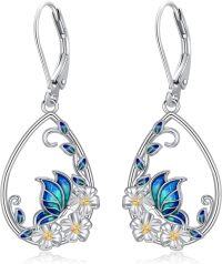 wholesale 925 Sterling Silver Butterfly & Flower Drop Earrings with Blue Enamel Accents-Butterfly