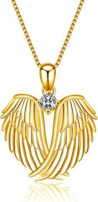 wholesale Sterling Silver Birthstone Angel Wings Pendant Necklace-yellow gold plated