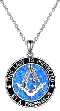 wholesale 925 Sterling Silver Blue Fire Opal Abalone Shell Masonic Pendant Necklace with Freemasonry Compass Symbol Gifts for Men & Women - 30 Chain + Extender-Blue-Masonic Opal Necklace