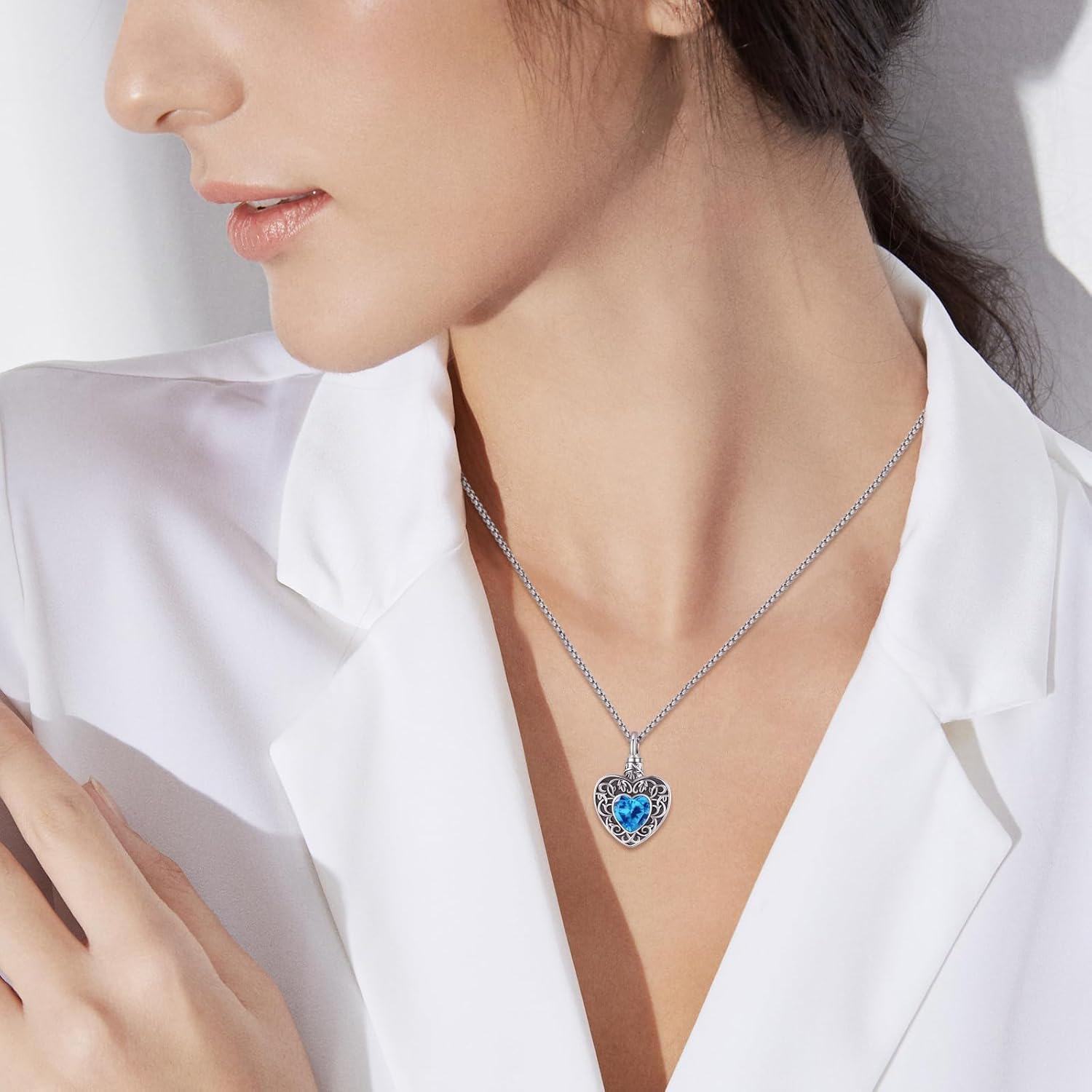 925 Sterling Silver Heart-Shaped Blue Crystal Tree of Life Cremation Jewelry Urn Necklace with Funnel and Fill Tool for Women & Men-0-4