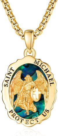 wholesale 925 Sterling Silver & 24K Gold Plated Saint Michael Protect Us Angel Pendant Necklace for Men/Women-St Michael B-Abalone Shell-St Michael B-Abalone Shell