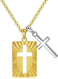 wholesale 925 Sterling Silver Gold Plated Cross Pendant & Rectangular Charm Set on 3mm Cable Chain (24+2 Extender)-Double Cross