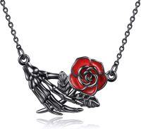wholesale 925 Sterling Silver Gothic Rose Skeleton Hand Pendant Necklace-skull and rose