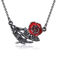 wholesale 925 Sterling Silver Skeleton Hand Red Rose Necklace-skull and rose