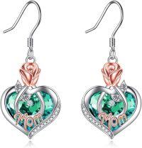 wholesale Christmas Gifts For Mom Mom Earrings With Rose Flower Love Heart 925 Sterling Silver Crystal Dangle Drop Hook Earrings Jewelry -undefined