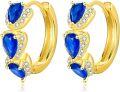 wholesale Gold-Plated 925 Sterling Silver Blue Sapphire Pear-Shaped Hoop Earrings with Cubic Zirconia Accents-0-0