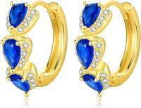 wholesale Gold-Plated 925 Sterling Silver Blue Sapphire Pear-Shaped Hoop Earrings with Cubic Zirconia Accents-Blue CZ Gold Hoop
