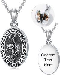 wholesale Sterling Silver 12 Month Birth Flower Photo Locket Necklace Jewelry Gift -08-August-Poppy-08-August-Poppy-p-3.photo&text customized-1.no custom-2.text customized-08-August-Poppy-text