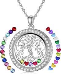 wholesale S925 Sterling Silver Tree of Life Floating Locket Necklace with DIY Birthstones Set, Glass Pendant for Family Connection, Gift Box Included-D-Round Tree of Life