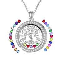 wholesale S925 Sterling Silver Tree of Life Floating Locket Necklace with DIY Birthstones Set, Glass Pendant for Family Connection, Gift Box Included-D-Round Tree of Life