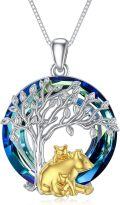 wholesale 925 Sterling Silver Tree of Life with Animals Pendant Necklace - Blue Crystal & Gold Plated Foxes and Cats Design-0-0
