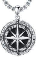 wholesale  & 925 Sterling Silver Mens Compass Pendant Necklace  - Black Stone Accent (24)-0-0