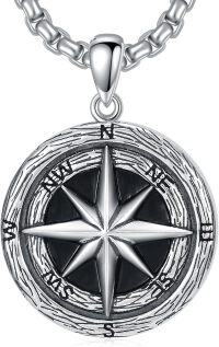 wholesale  & 925 Sterling Silver Mens Compass Pendant Necklace  - Black Stone Accent (24)-Style D01