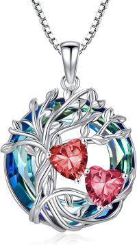 wholesale 18K White Gold Filled Sterling Silver Family Tree Pendant with 2 Heart Birthstones Blue Austrian Crystal Necklace for Women-01-07-Jan-Jul Birthstone